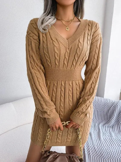 Women's Cable Knit Sweater Dress With V Neck