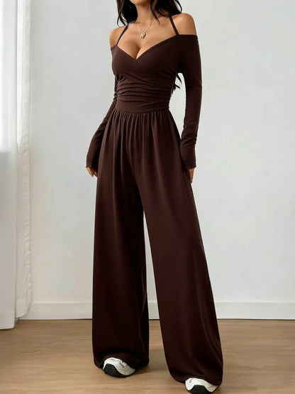 Women's Solid Color Off-Shoulder Ruched Wide Leg Casual Jumpsuit