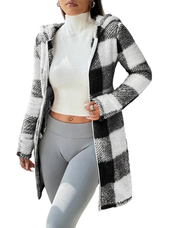 Plaid Fleece Long Sleeve Hooded Coat