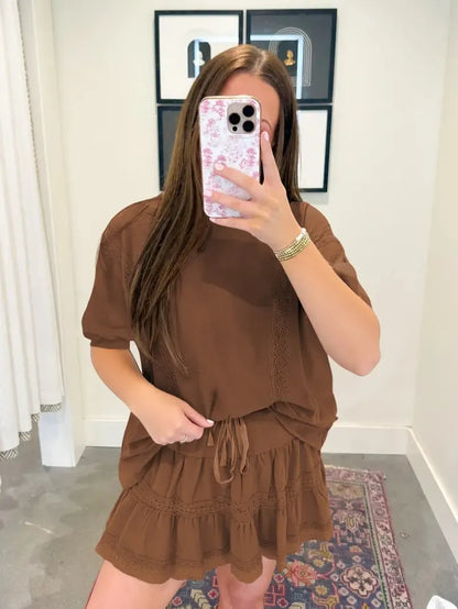 Women's 2 Piece Cotton Lace Trim Outfit Set