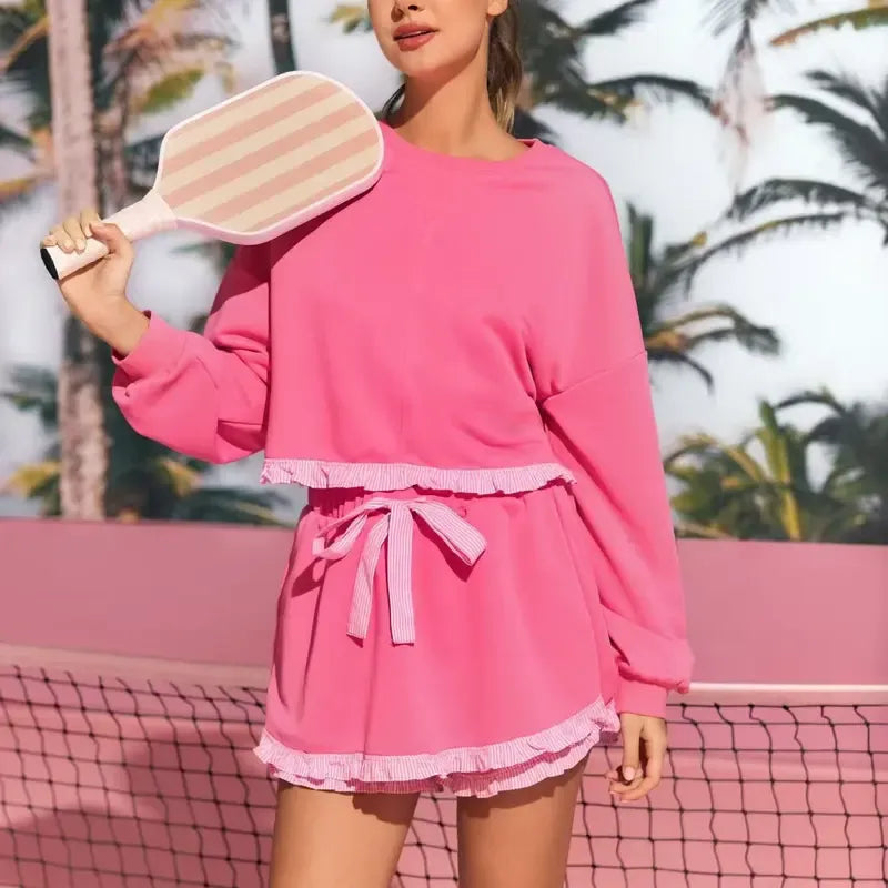 Women's 2 Piece Lounge Sets Ruffle Color Block Cropped Sweatshirts