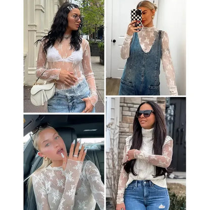 Women‘s Mesh Tops Lace Spring Long Sleeve Shirts