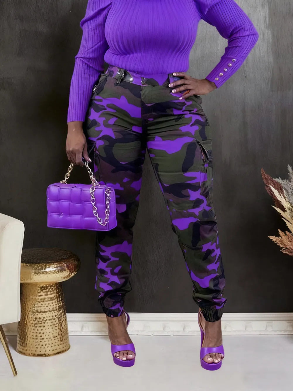 Women's Camo Print Button Fly Cargo Pants