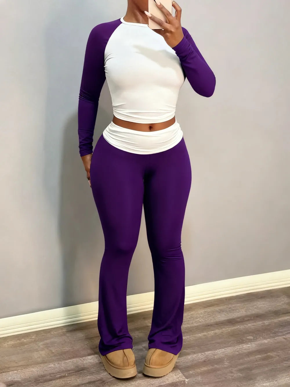 Round Neck Long Sleeve Color Block T-Shirt with Ruffled Flare Pants Set
