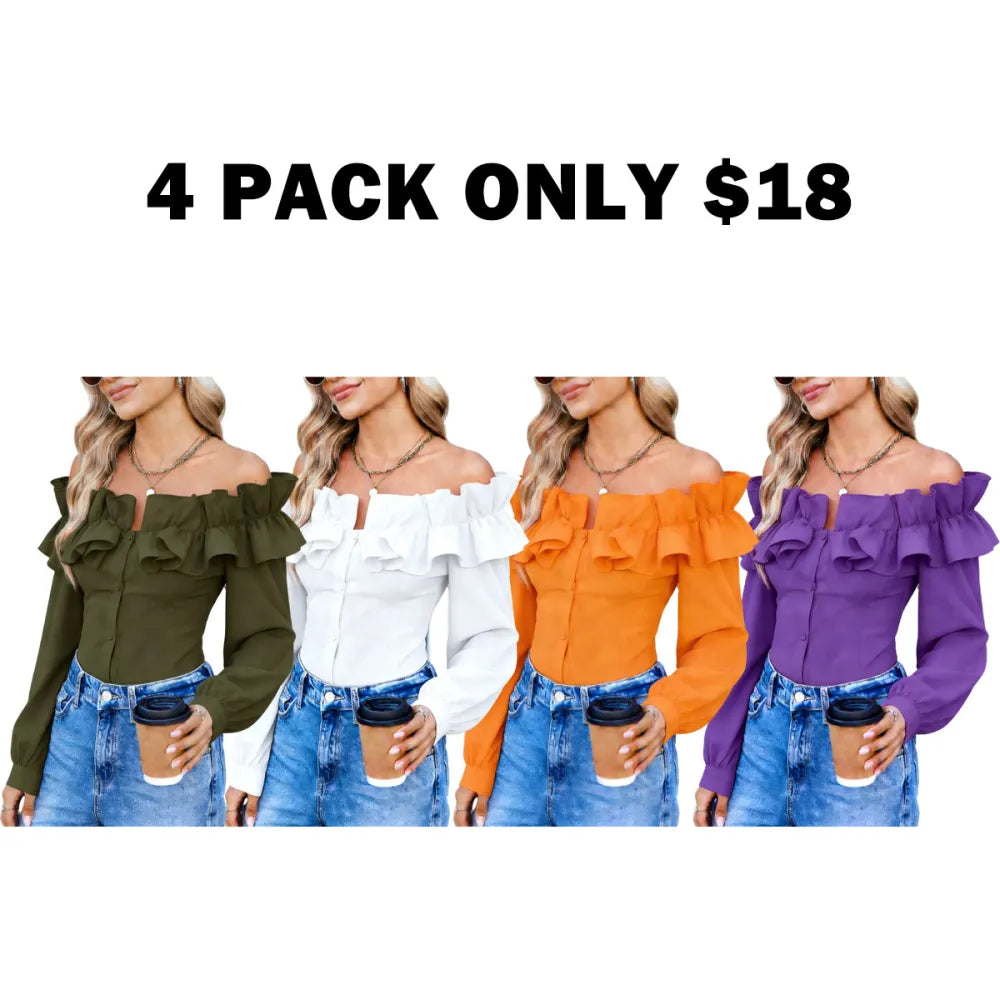 Women's Long Sleeve One Shoulder Ruffle Slim Fit Shirt Blouse