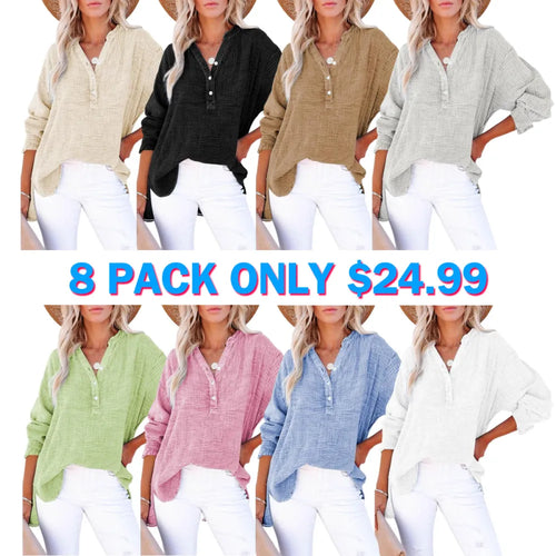 Women's Casual Button V Neck Long Sleeve Shirts