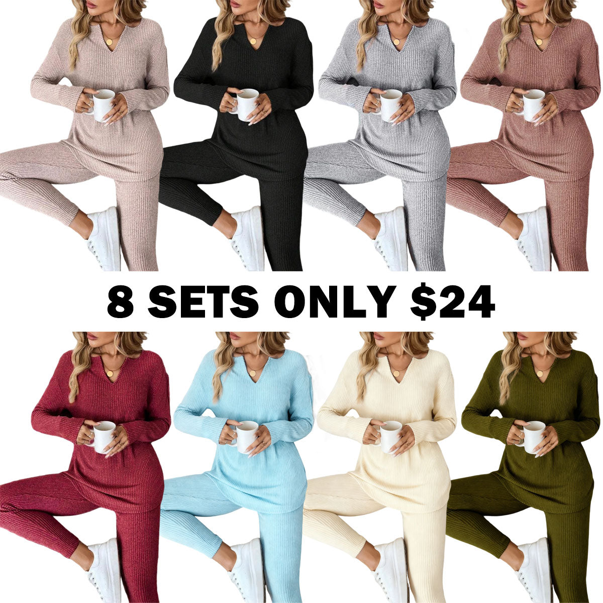 2pcs/Set Women's Plush Rib-Knit Leggings Suit