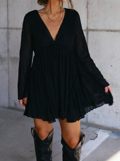 Women's V Neck Long Sleeve Dress with Pants Lining