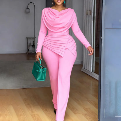 Cowl Neck Asymmetrical Patchwork Ruched Jumpsuit