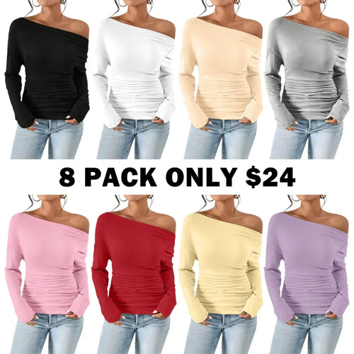Women's Plain Ruched Asymmetrical Neck Drop Shoulder Tee