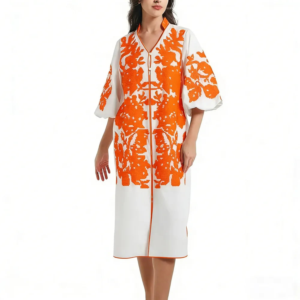 Women Casual V-Neck Mid Dress Floral Embroidery 3/4 Sleeves