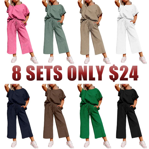 Women's Plus Size Short Sleeve Top & High Waist Wide Leg Pants 2-Piece Lounge Set