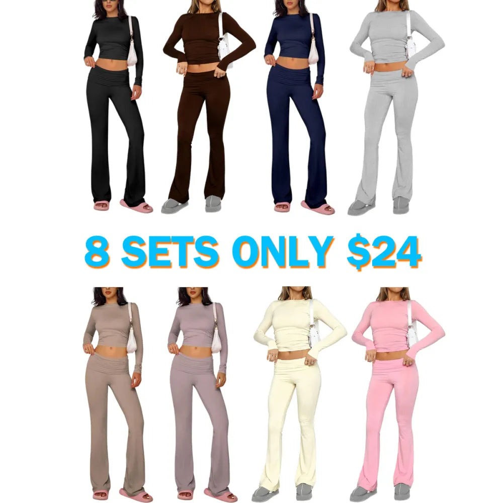 Women's Solid Long Sleeve Crop Tee & Flare Leg Skinny Pants Loungewear Set