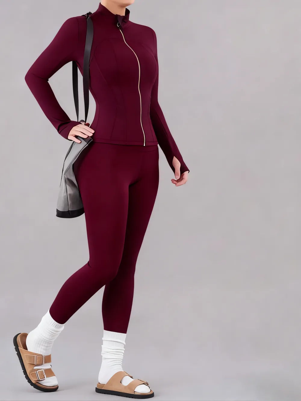 Solid Zip Up Jacket & High Waist Leggings Tracksuit Set