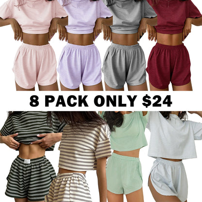 Women's Striped Print Drop Shoulder Tee & Wrap Split Shorts Pyjama Set