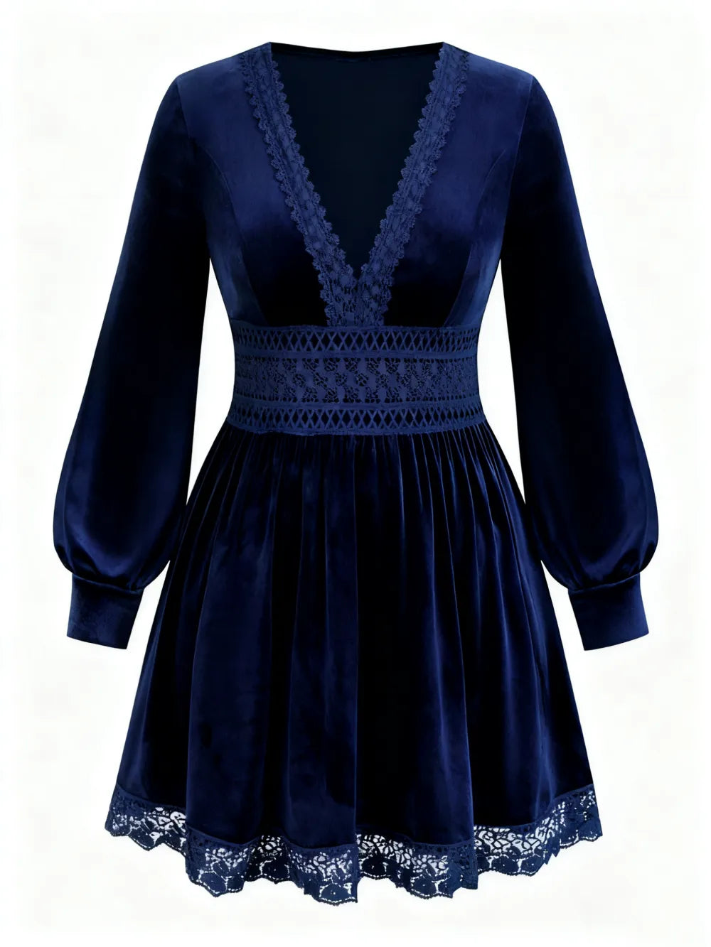 Velvet Lace Patchwork Lantern Sleeve Long Dress