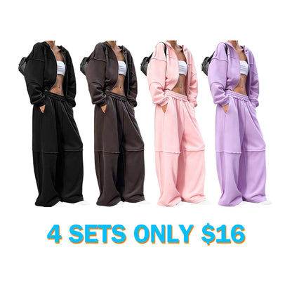 Women's Solid Zip Up Hooded Sweatshirt & Pocket Elastic Waist Pants Two-piece Set