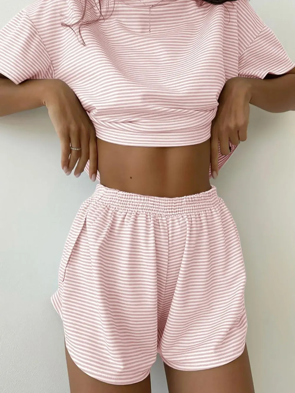 Women's Striped Print Drop Shoulder Tee & Wrap Split Shorts Pyjama Set