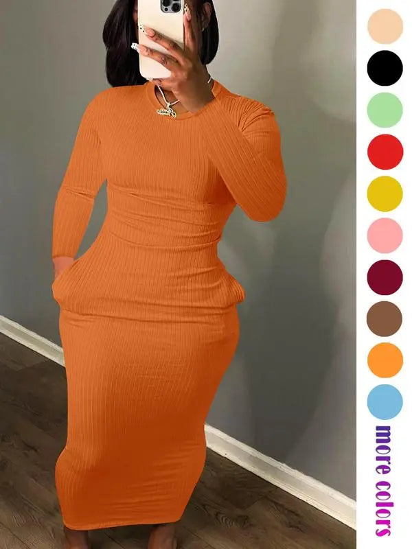 Women's Solid Pocket Long Sleeve Bodycon Dress