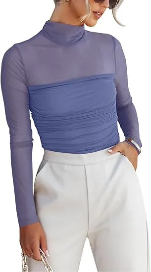 Women’s Long Sleeve Sheer Mesh Ruched Going Out Bodysuits Tops