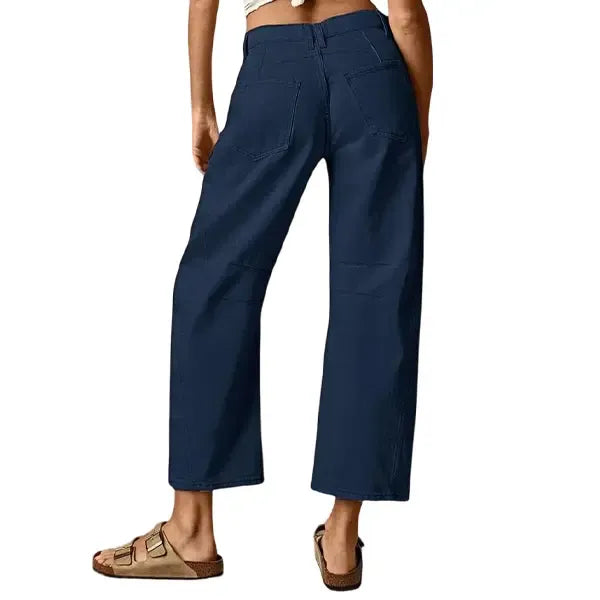 Solid Stitch Detail Mid Waist Crop Baby Barrel Pants