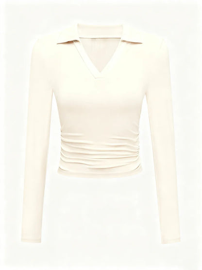Knit Solid Color Long Sleeve V Neck Top