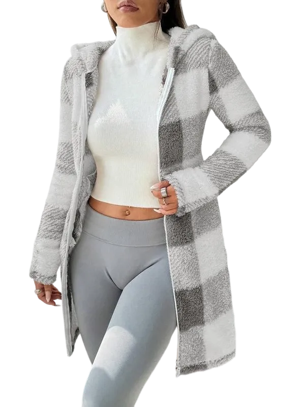 Plaid Fleece Long Sleeve Hooded Coat