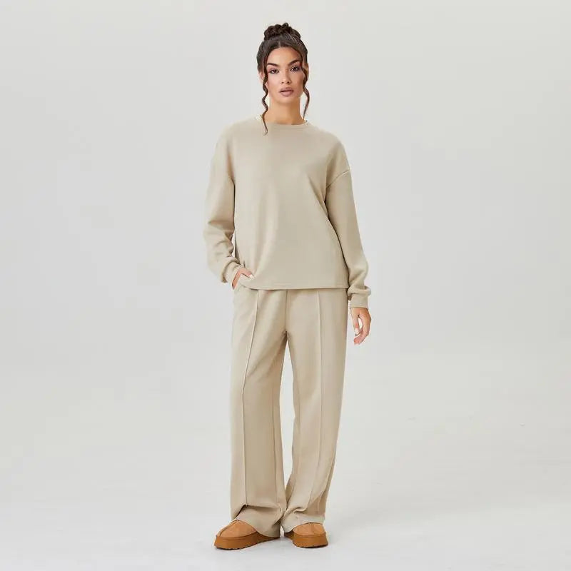 Women's Cozy Round Neck Top & Wide Leg Trousers Two Piece Outfits