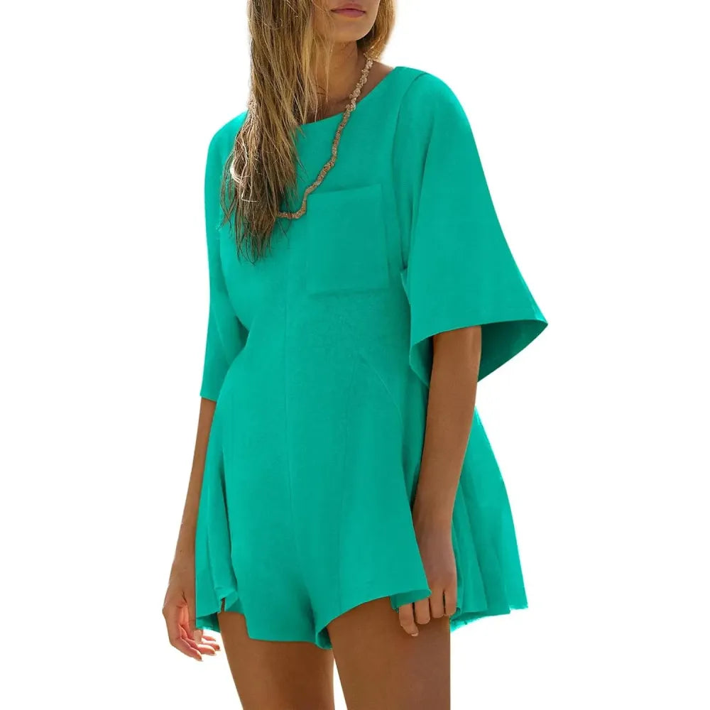 Short Sleeve Crew Neck Loose Jumpsuits with Pocket