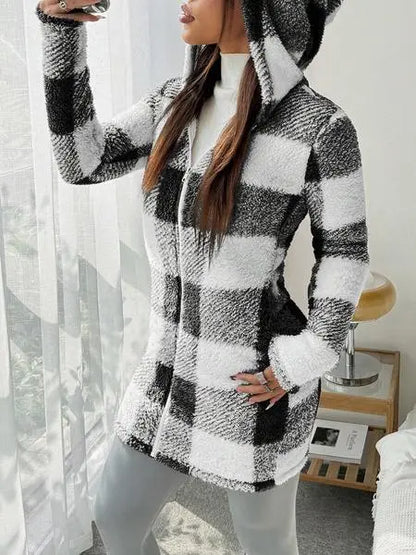 Plaid Fleece Long Sleeve Hooded Coat