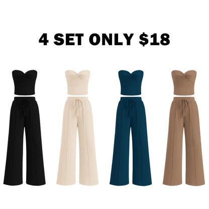 Women Summer Ribbed Strapless Twist Knot Tube Top Pants Set