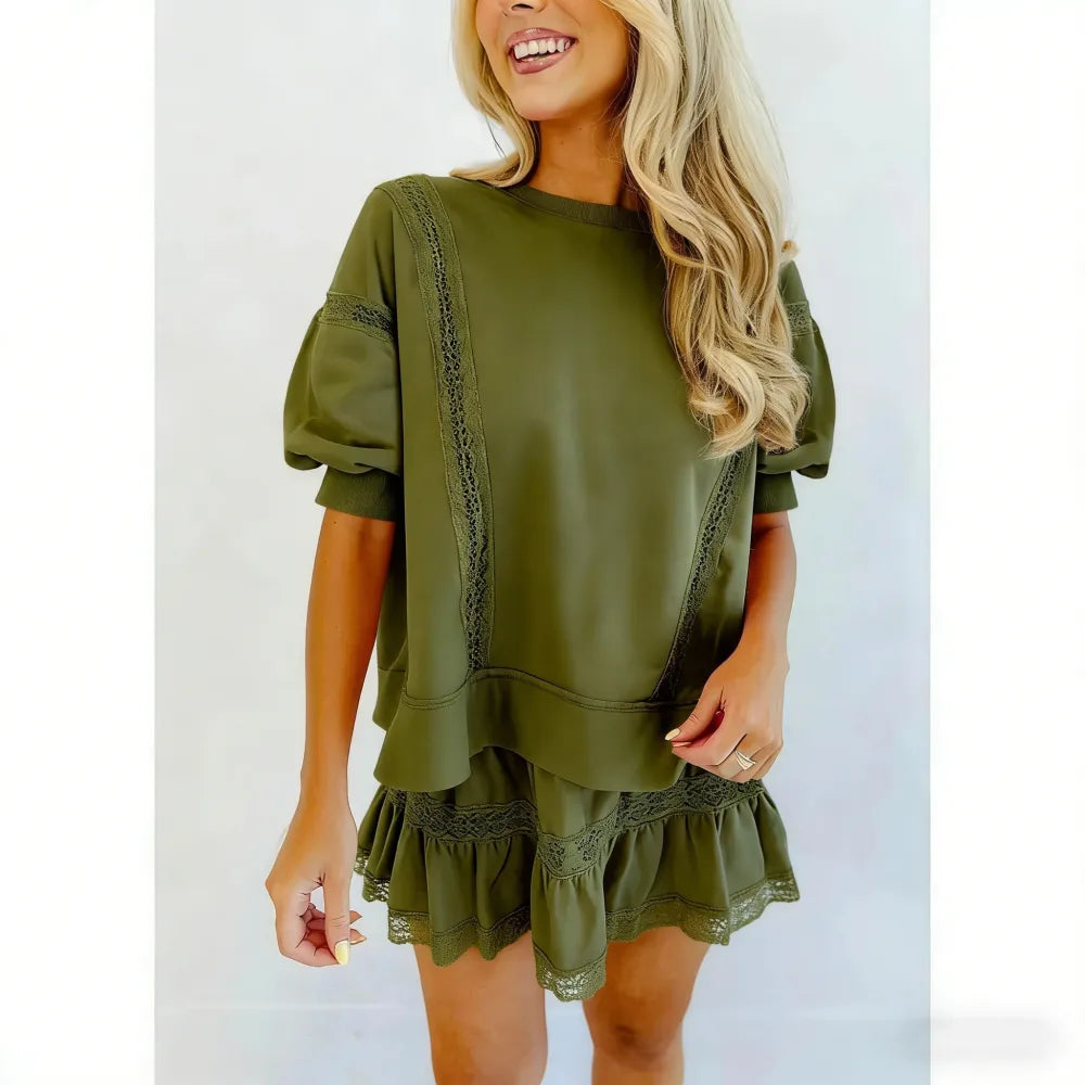 Women's 2 Piece Cotton Lace Trim Outfit Set