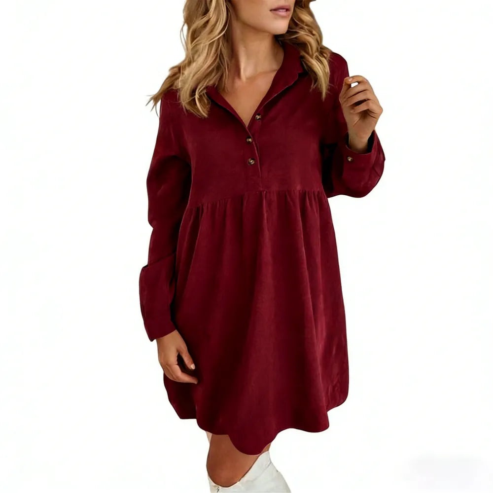 Women's Corduroy Half Button Collared Mini Dress with Pocket