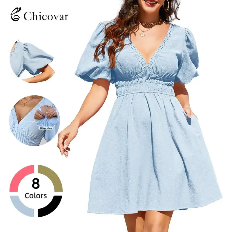 Women's Boho Puff Sleeve Textured Cotton Mini Dress with Pockets