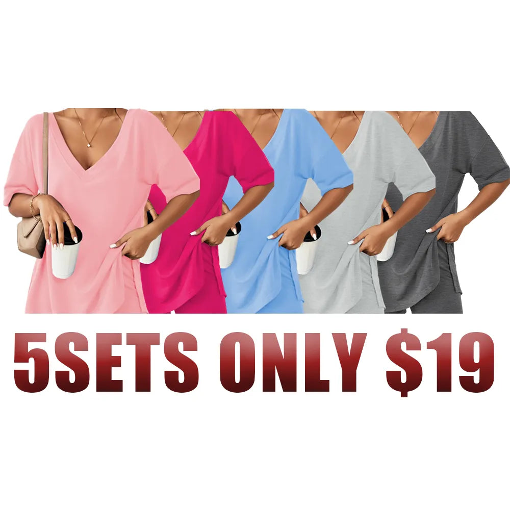 Women's Two-Piece Pajama Set Casual Oversized V Neck Split Hem