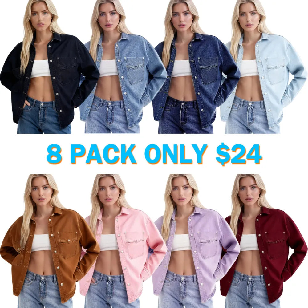 Women's Plain Button Front Drop Shoulder Curved Hem Denim Jacket