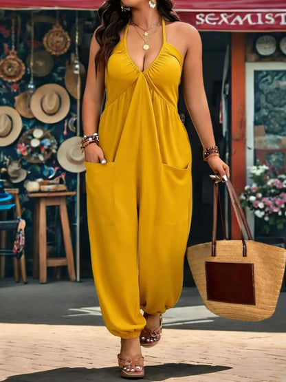 【Plus Size】 Solid Color Pocket Jumpsuit