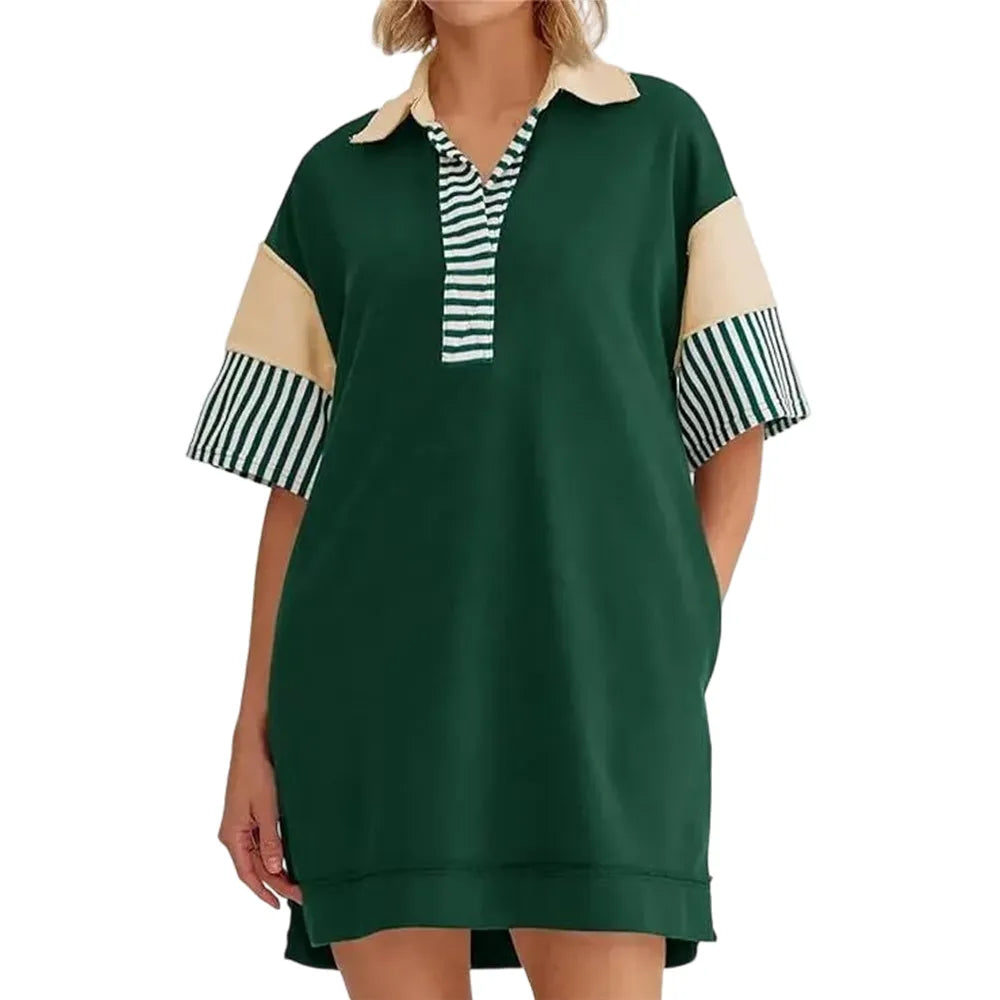 V Neck Summer Color Block Short Sleeve Mini Dress