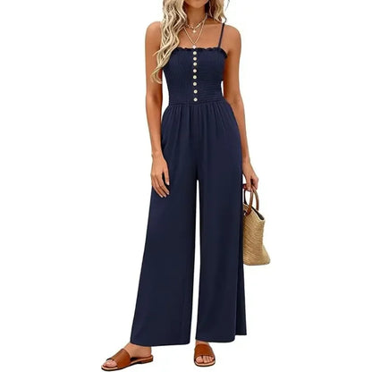 Jumpsuits for Women Summer Sleeveless Smocked Button Wide Leg Rompers