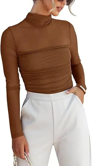 Women’s Long Sleeve Sheer Mesh Ruched Going Out Bodysuits Tops