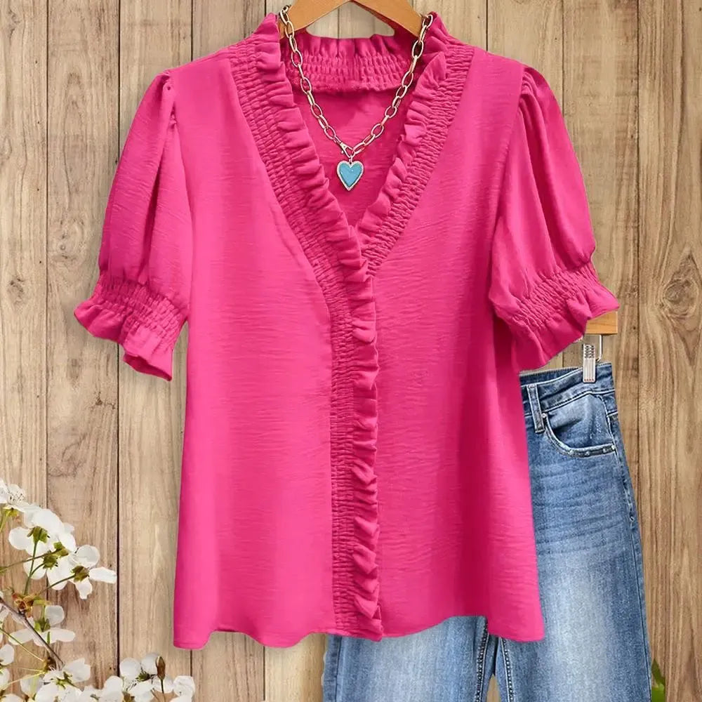 Ruffle Trim V - Neck Blouse
