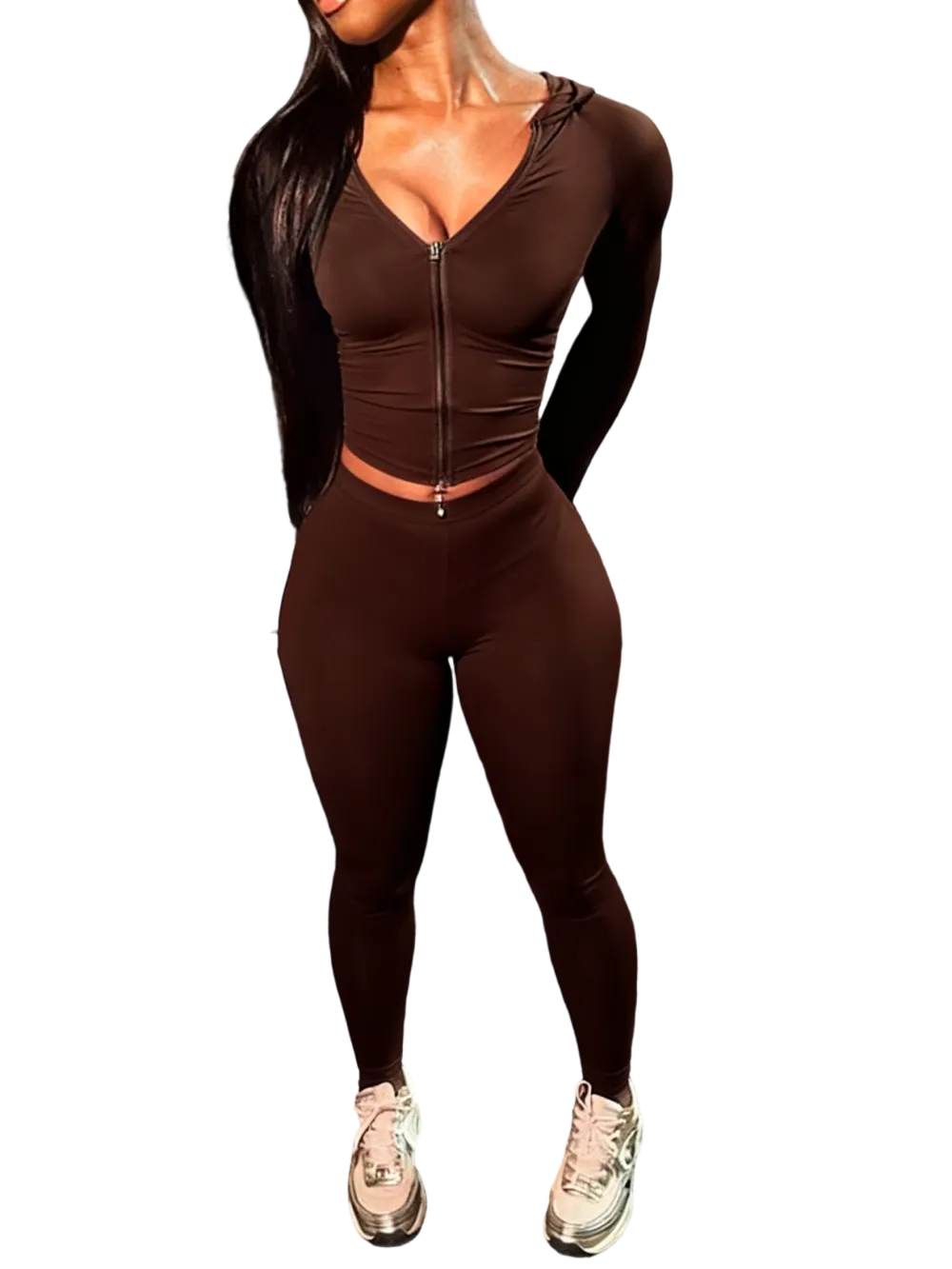 Zip Up Crop Top & High Waist Leggings Two-piece Set