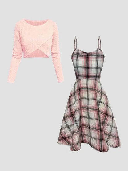 Women's Long Sleeve Crop Top & Plaid Print A-Line Dress Set