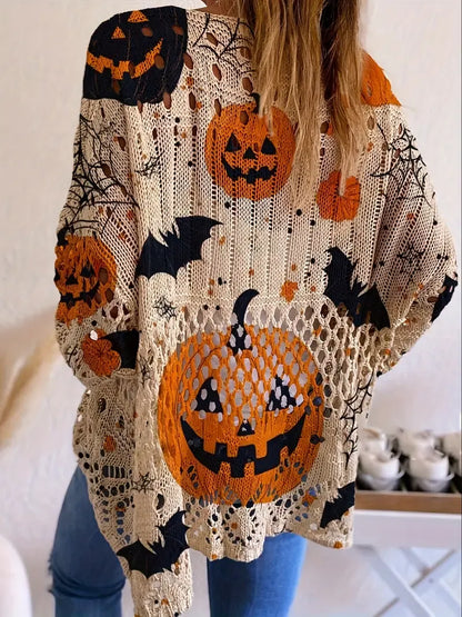 Women's Halloween Pumpkin Print Long Sleeve Knit Top
