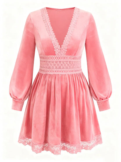 Velvet Lace Patchwork Lantern Sleeve Long Dress