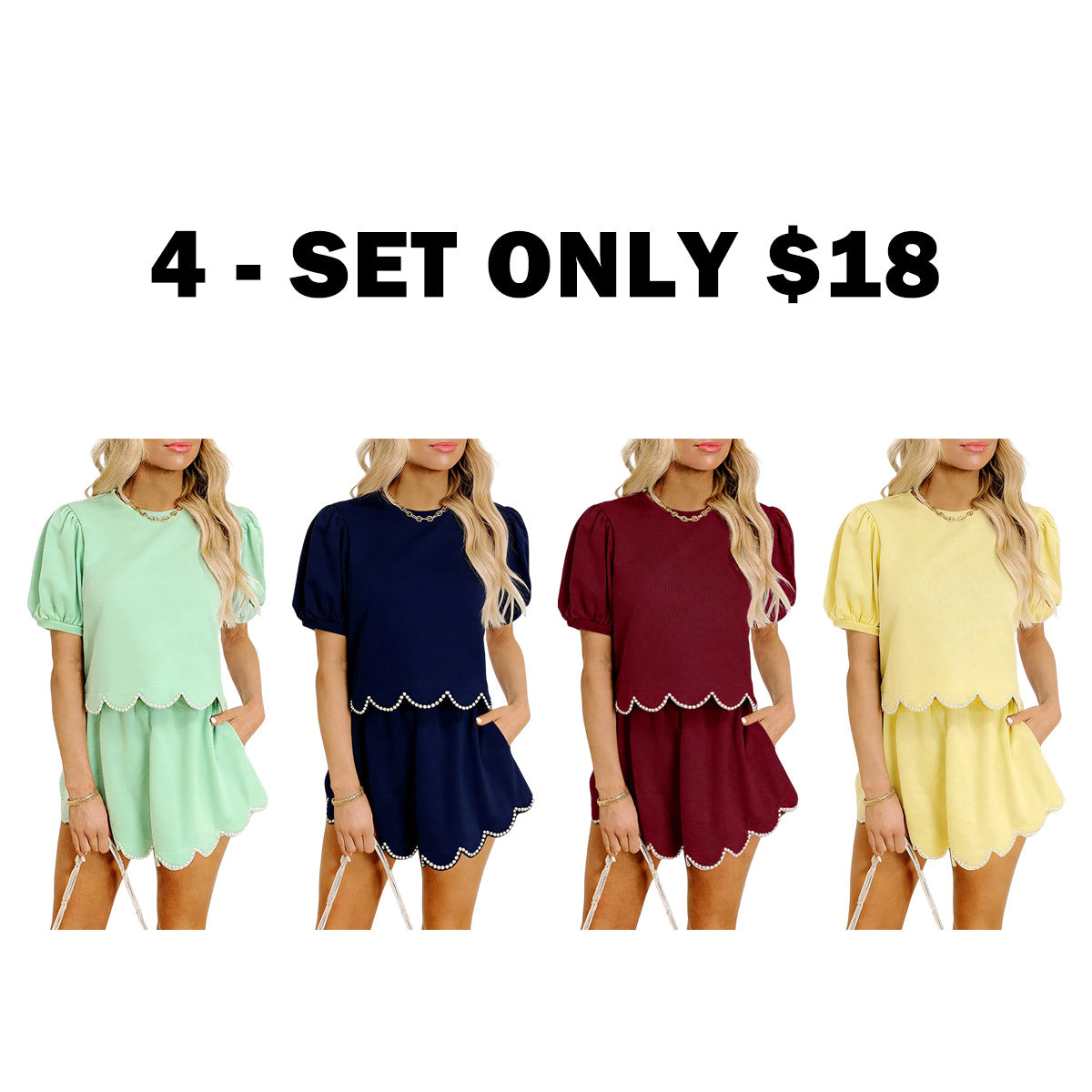 Women's Puff Sleeve Pearl Embellished Scallop Trim Skort Set