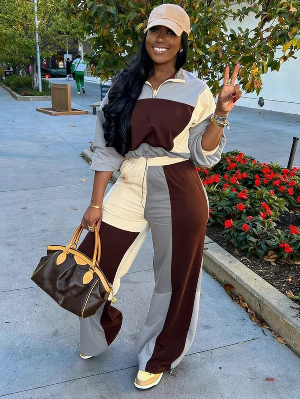 Set Women's Colorblock Zip Up Jacket & Wide Leg Pants