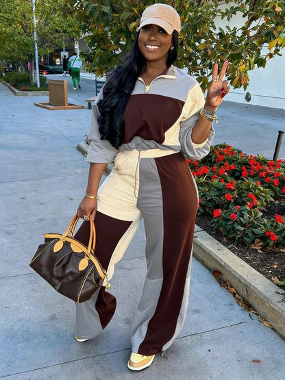 Set Women's Colorblock Zip Up Jacket & Wide Leg Pants