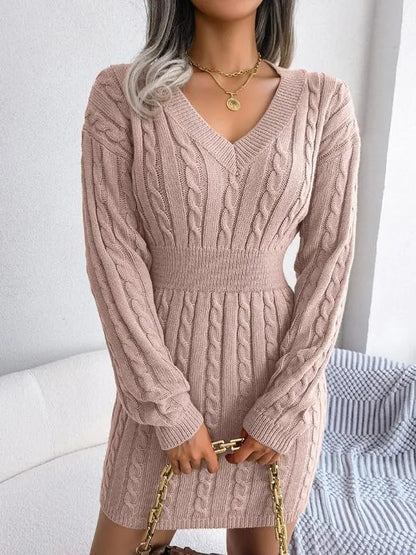 Women's Cable Knit Sweater Dress With V Neck