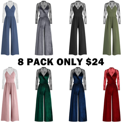 Women's Knitted Lace Tee & High Waist Pocket Jumpsuit Two-piece Set